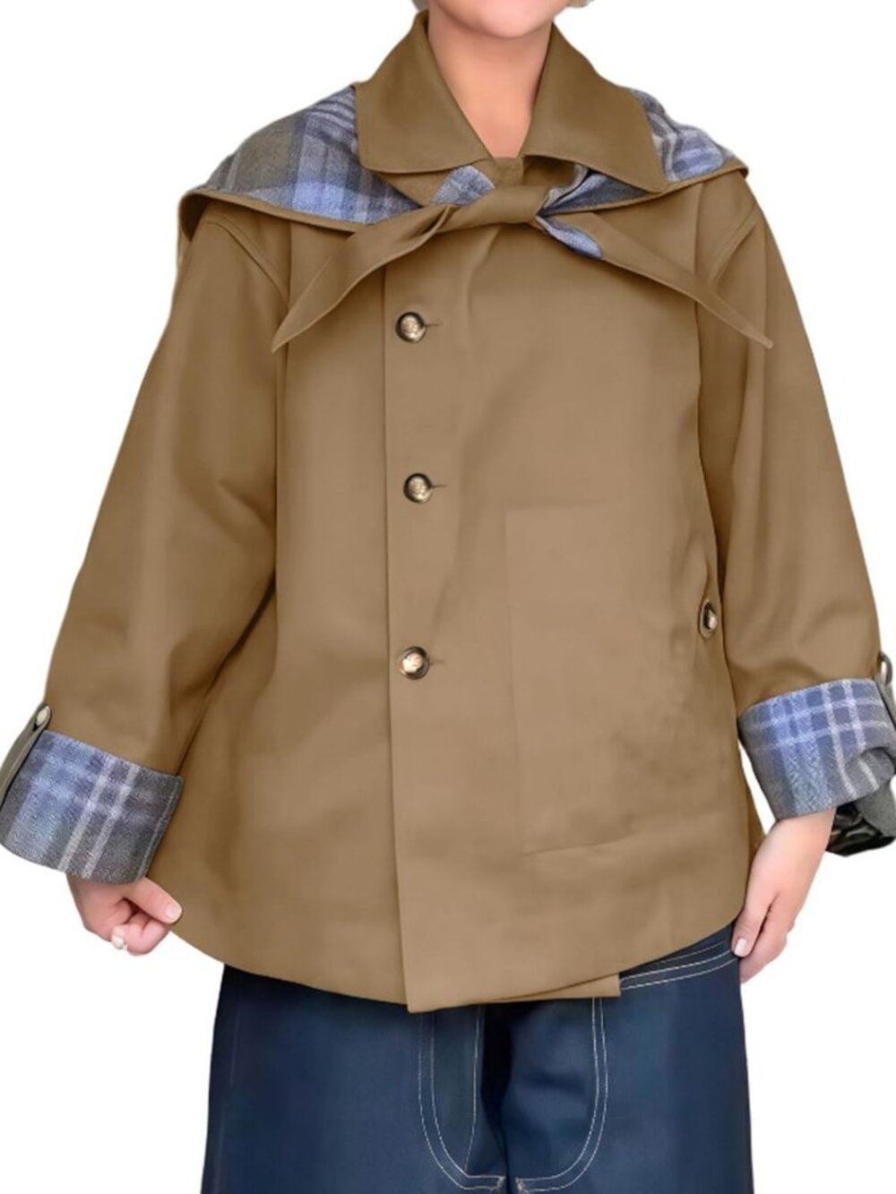 Stylish Women's Reversible Plaid Trench Coat - Oversized, Notch Collar, Pockets